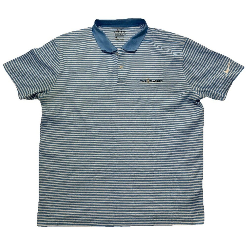 Nike Golf Dri-Fit Blue White Striped “The Players” LARGE Polo Shirt